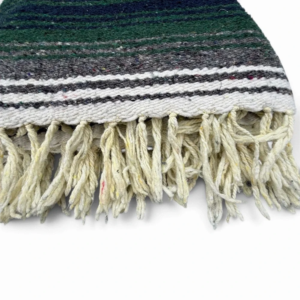 Vintage Woven Mexico Blanket Serape Yoga Falsa Navy Gray Green Throw 52
